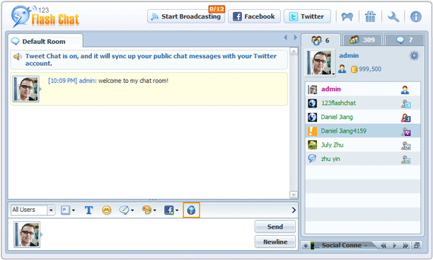 Twitter Invite Followers Panel of 123 Flash Chat, Chat Software