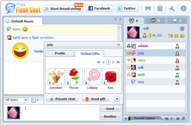 Virtual Gifts Record in the Profile Panel, 123 Flash Chat Software